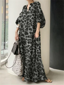 Leopard Vytlačené Maxi Šaty Žien Jar Lístkového Rukáv V Krku Dlhé Šaty Ženskej Módy Nadrozmerné Príležitostné Voľné Šaty Vestidos