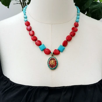 Lii Ji Skutočný Kameň Modrý Červený Náhrdelník 54cm Tyrkysové Koralový Náhrdelník Prívesok Zásob Predaj Ženy Šperky