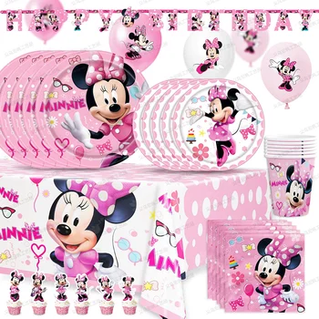 Minnie Mouse Jednorázový Riad Nastaviť Deti Narodeninovej Party Dodávky Papiera Doska Pohár Obrúsok Vlajka Dievča, Ružová Svadba Cake Decoration