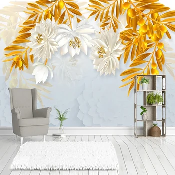 Moderné Tvorivé 3D Plastický Kvety Zlaté Lístie Fresco Stenu Látkové Tapety Obývacia Izba Gauč TV Pozadí Steny Dekor 3D nástenná maľba