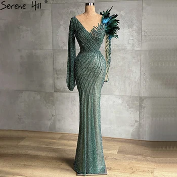 Moslimské Zelená Elegantné Večerné Šaty Šaty 2023 Perie Korálkové Morská víla Pre Ženy, Svadobné Party BLA71194 Serene Hill