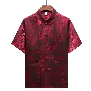 Muži Čínske Tradičné Tričko Plus Veľkosť Krátky Rukáv Cheongsam Top vrchné odevy pánske Hodvábny Satén Kung-Fu Tričko Top S Drakom