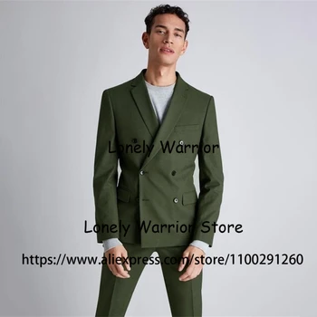 Móda Olivy Zelené Pánske Obleky Slim Fit Dvojité Breasted Business Sako Svadby Ženích Smoking 2 Ks Bunda, Nohavice, Kostýmy Homme