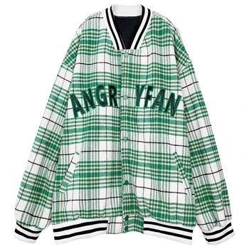 NOVÝ Hip Hop Zelený Kockovaný List Baseball Bundy pre Ženy kórejský Coats Tlačidlo Hore Nadrozmerné Americký Streetwear Páry Plus Veľkosť