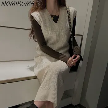 Nomikuma kórejský Elegantné Jeseň Zima Vintage tvaru Twisted Sveter Nádrž Šaty Príčinné bez Rukávov 2023 Nové Rovno Pletené Šaty