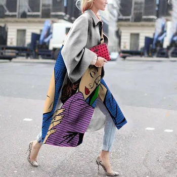 Nové 2023 Jeseň dámske oblečenie Nové Dlhý Rukáv Polo Kabát Vytlačené Vlnené Kabát