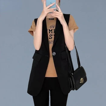Nové Luxusné Značky tvaru Jedno Tlačidlo Vesta bez Rukávov-Bunda čiernej Farby Vesta Ženy kórejský Módne Plodín Topy Bežné Pevné Coats