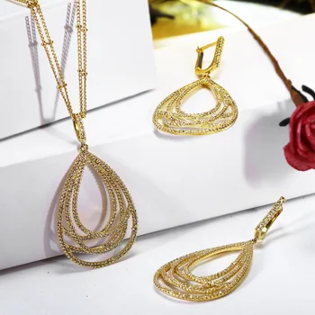 Nové kvapka vody šperky, 2 ks držiaky pre ženy, Micro nastavenie crystal cz kamene bisuteria Zlatej farbe s príveskom, náušnice, náhrdelník sady