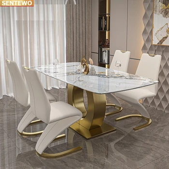 Návrhár Luxusných jedáleň Mramoru Rock Plát jedálenský set 4 stôl 6 stoličiek mesa tische nábytok meuble Nehrdzavejúcej ocele gold base