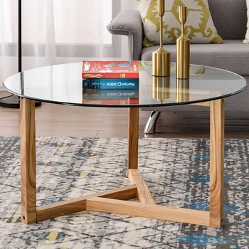 Okrúhly Konferenčný Stôl s Tvrdeným Sklom Top a Pevná drevená podložka, na Obývacia Izba, Pohovka Strane Konci Stola, Jednoduchá Montáž a Čistenie