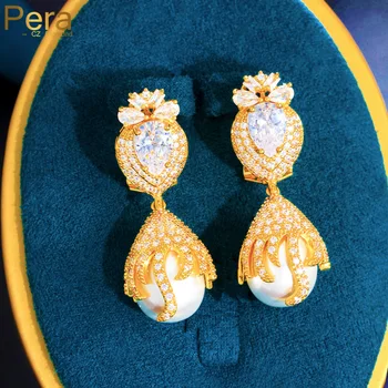 Pera CZ Luxusné Barokové Svadobný Dlho Pearl Visieť Náušnice Plný Lesklé CZ Pripraviť Ženy Zapojenie Strana Šperky pendiente mujer E316