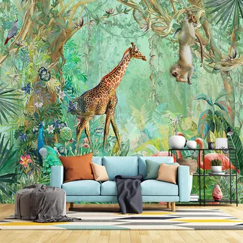 Prispôsobený 3D tapety pre žirafa zvierat a detskej izby v tropickom dažďovom pralese, samolepky na stenu pre obývacia izba a bedro