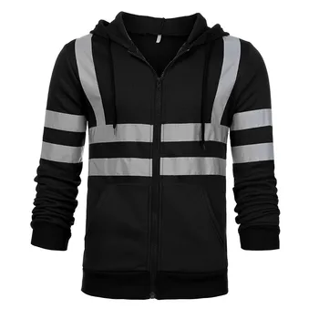Pánske Black Hoodied Mikina Pulóver Fleece bunda S Reflexnými Tripes Pracovné Oblečenie