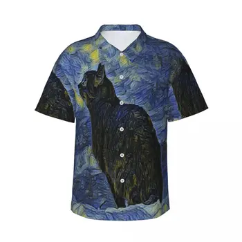 Pánske Tričko Shambhala Mačka V Vincent Van Gogh Impresionistického Umenie Krátkym Rukávom Letné Tričko Mužov Golier Tlačidlo Tričko pánske Oblečenie