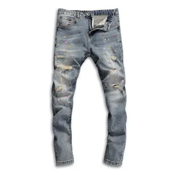 Pánske Vintage Denim s Roztrhlo Núdzi Vyblednuté Slim-fit Jeans Vytlačené High-end Streetwear Módy Hip-hop Streetwear Džínsy