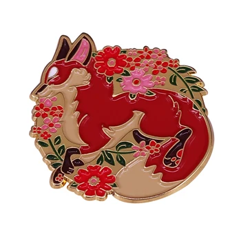 Red Fox s Kvetmi Smalt Pin Krásnu Prírodu Vulpes Brošňa Zvieratá Odznak
