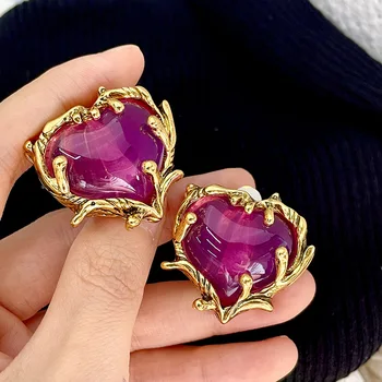 Retro temperament fialová jelly sklo láska pozlátené stredoveké ucho klip náušnice