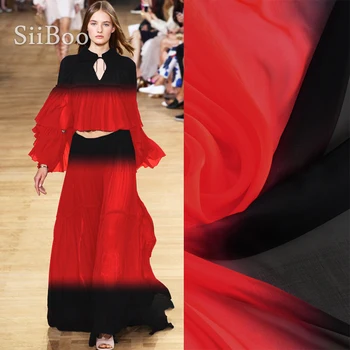 Ručné maľovanie black red gradient 100% pure hodvábny šifón textílie pre ženy jar leto večerné šaty tissus au mètre tela SP6033