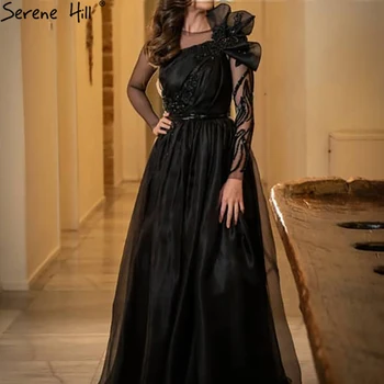 Serene Hill Black Satin A-Line Večerné Šaty Šaty 2023 Korálkové Sexy Na Ženy, Svadobné Party LA71213