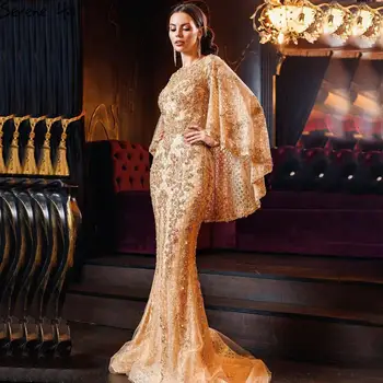 Serene Hill Gold Plus Veľkosť Morská víla Elegantné Luxusné Večerné Šaty Šaty 2023 Perly Korálkami S Cape Pre Ženy Strany GLA70738