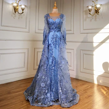 Serene Hill Moslimských Luxusné Modrá Večerné Šaty Šaty 2023 Korálkové Morská víla Overskirt Pre Ženy Strany LA71460