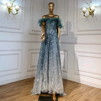 Serene Hill Tyrkysové A-Line Luxusné Večerné Šaty Šaty 2023 Pierko Korálkové Milú, Pre Ženy Strany GLA71497