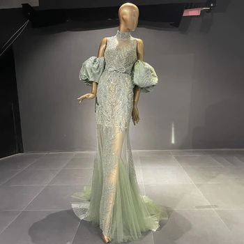 Serene Hill Zelená Lístkového Rukávov Večerné Šaty Šaty 2023 Korálkové Morská víla Luxusné Elegantné Pre Ženy Strany Couture LA71537