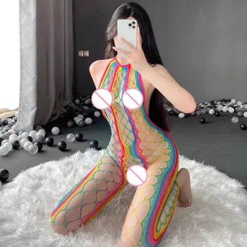 Sexi Sieťované Rainbow Prekladané Oka Tela Osadenie Otvorené Rozkroku Duté Babydoll Erotické Spodné Prádlo Teddy Sleepwear Žena Intimates