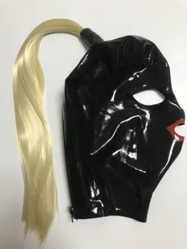 Sexi Čierne Latexové Fetish Kapota Gumové Masky Otvorené Červené Ústa Tvar s Blond Príčesky Copu
