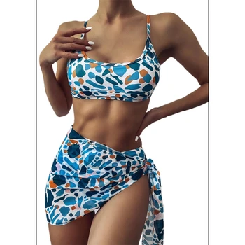 Sexy 3ks Plavky Nastaviť Ženy Modrá Leopard Tlač Bikini s Sarong Plážové Sukne D5QD