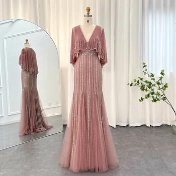 Sharon Povedal Luxusné Ružová Morská víla Dubaj Večerné Šaty s Cape 2023 Elegantného tvaru arabské Ženy, Svadobné Formálnej Strany Šaty SS284