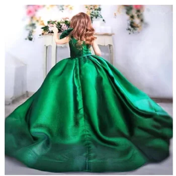 Smaragdovo Zelená Luk Kvetina Dievča Šaty Deti Strany Prom Šaty Princeznej Narodeniny, Krst, Sväté Prijímanie Večerné Šaty