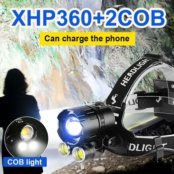 Super XHP360 2COB Silný Svetlomet Nabíjateľná Hlavu Baterka Vysoký Výkon Svetlomety Led Reflektor 18650 Rybárske Svietidla