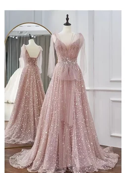 Svadobné Party Blush Pink Prom Šaty A-Line Špagety Popruhy Pearl Lištovanie Crystal Flitrami Vrások Celebrity Večerné Šaty