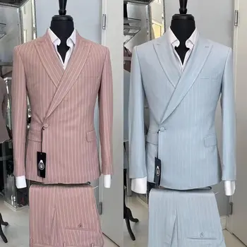 Svadobné pánske Oblek Ružová Dvojité Breasted Prúžok Slim Fit Vlastná Veľkosť Elegantné Šaty Homme Gentleman Kostým 2 Ks (Bunda+Nohavice)
