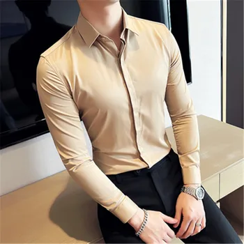 Svadobné Šaty, Košele Elegants Camisa Business Tričko Muži Zase Dole Krk Dlhý Rukáv, Blúzky Muž Farbou Mužov Oblečenie 2023