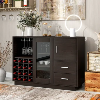 TREXM Kuchyňa Funkčné Sideboard s Sklenené Posuvné Dvere a Integrovaný 16 Bar Víno Priestoru\ poháre na víno