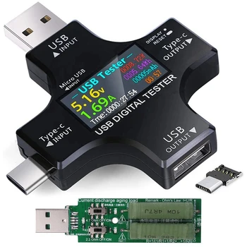 USB C Tester Sada 2 V 1, Typ C, USB Tester Farebný Displej IPS Digitálny Voltmeter,Napätie,Prúd,Výkon,Teplota,So záťažou