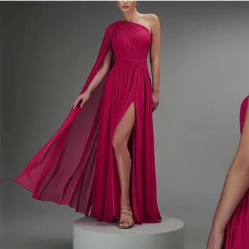 Vintage Dlhý Ramenný Červené Večerné Šaty A-Line Šifón Skladaný Dĺžka Podlahy Prom Formálne Party Šaty pre Ženy