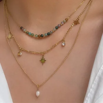 Vintage Star Sequin Crystal Umelé Perly Náhrdelník Prívesok Pre Ženy Boho Módne Zlato Farebné Guľôčky Reťazca Šperky Strany Darček