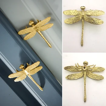 Vintage Zvierat Tvar Nábytku Rukoväte Retro Mosadz Dragonfly Zásuvky Vytiahnuť Gombíky Zlatá Farba Bielizníka Skrine, Kľučky, Kovania