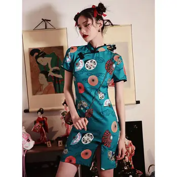 Vintage Ženy Qipao Čínsky Tlač Kvet Cheongsam Orientálna Mladé Dievčatá Mini Party Šaty Moderné A-Line Denne Qi Pao Vestidos
