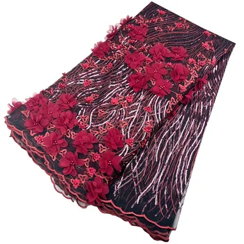 Vysoká Kvalita Afriky Čistý Čipky Textílie Nášivka 3D Kvet francúzsky Tylu Flitrami Korálky Čipky 5Yards Nigérijský Čipky Textílie Na Svadby