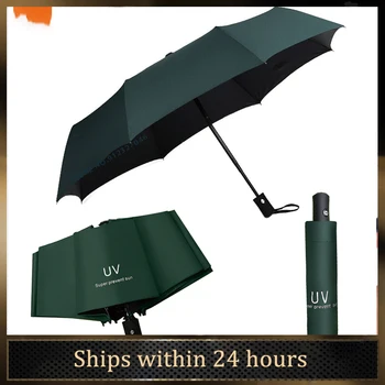 Zelená Slnečný a Daždivé Dáždnik Tri Skladacie UV Prenosné Módne Ženy Dáždniky Vysokej Hustoty Vietor Odolný Automatický Dáždnik