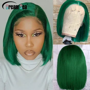 Zelené Krátke Bob Ľudské Vlasy Parochňa 13x4 Čipky Čelnej Zelená Parochňu Glueless Brazílsky Remy Vlasy Transparentnej Čipky Pre Trhal Pre Ženy