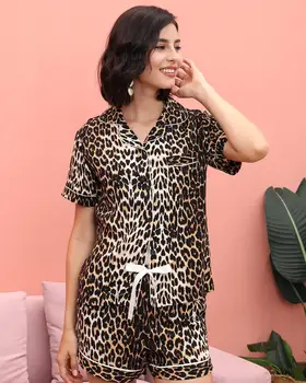 Zlato Leopard dámske Pyžamo Nastaviť Módne Krátky Rukáv Sleepwear Singel svojim Šnúrkou Hodváb Voľný čas Doma Handričkou Odev