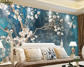beibehang Vlastné foto tapety nástenná maľba retro ručne maľované magnolia kvetinové steny Nordic retro elegantné modré plátno abstraktných de parede