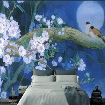 beibehang Vysokej kvality vlastné foto tapety 3D stereo nová čínska modrá ručne maľované kvet, vták obývacia izba TV stenu späť