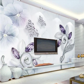 wellyu 3d stereo fialová crystal kvet, motýľ, šperky, TV joj, steny vlastné veľké nástenné zelená tapeta