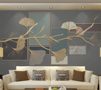 wellyu Prispôsobené veľké nástenné maľby Čínsky štýl, ginkgo leaf geometrické zlaté plastický linky obývacia izba tapety pozadia